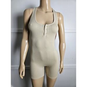 Colsie‎ Tan Beige Racerback Ribbed Henley Romper Bodysuit Size S
